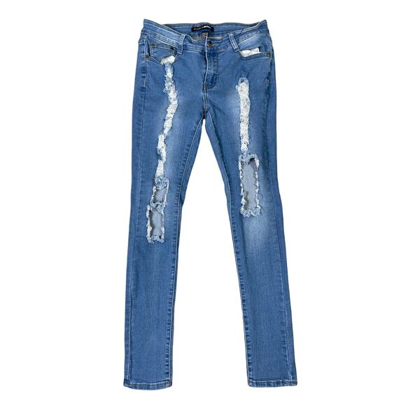 Fashion Nova Women's 7/8 Blue Distressed Ripped Skinny Jeans Mid Rise Stretch - Picture 1 of 8